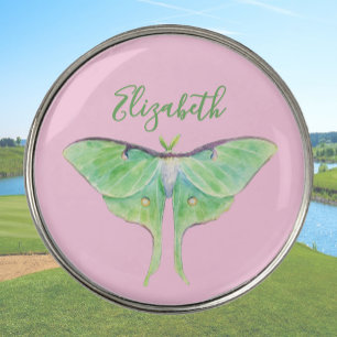 Elegant Green Luna Moth Custom Name Ladies Pink Golf Ball Marker