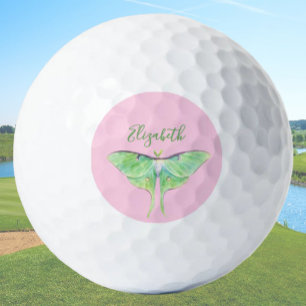 Elegant Green Luna Moth Custom Name Ladies Pink Golf Balls