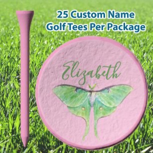Elegant Green Luna Moth Custom Name Ladies Pink Golf Tees