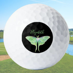 Elegant Green Luna Moth Personalized Ladies Black Golf Balls