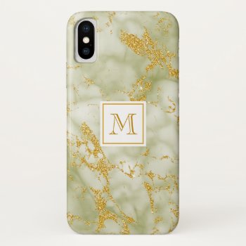 Elegant Green Marble Monogram Faux Gold Glitter Iphone X Case by ohsogirly at Zazzle