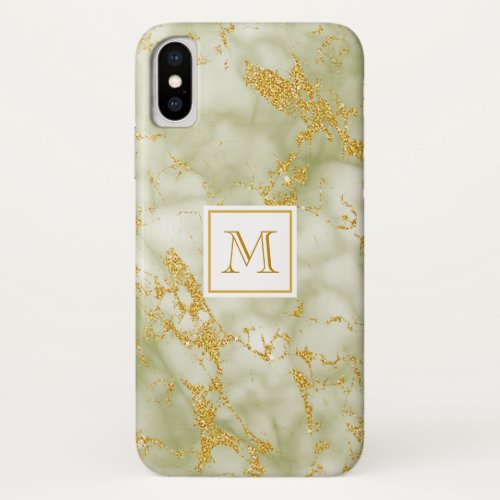 Elegant Green Marble Monogram Faux Gold Glitter iPhone X Case