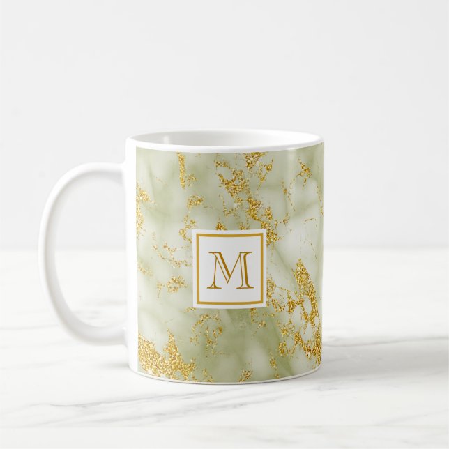 Elegant Green Marble Monogram Faux Gold Glitter Coffee Mug (Left)