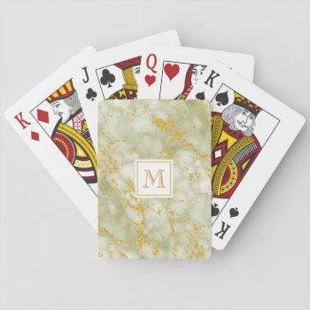Elegant Green Marble Monogram Faux Gold Glitter Playing Cards by ohsogirly at Zazzle
