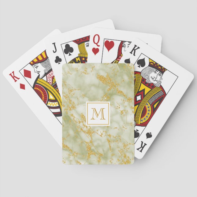 Elegant Green Marble Monogram Faux Gold Glitter Poker Cards (Back)