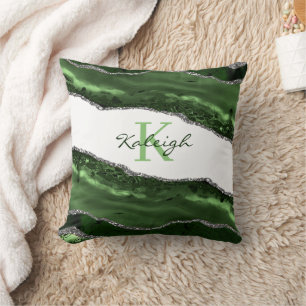 Elegant Green Marble Silver Glitter Monogram Throw Pillow