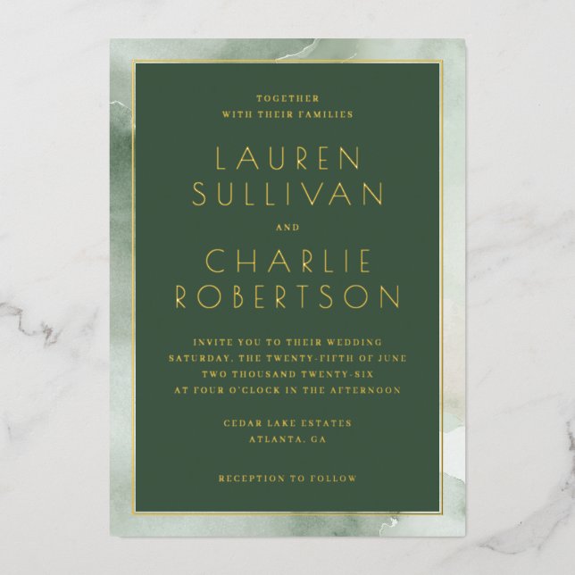 Elegant Green Marble Wedding Invitation Foil Invitation (Front)