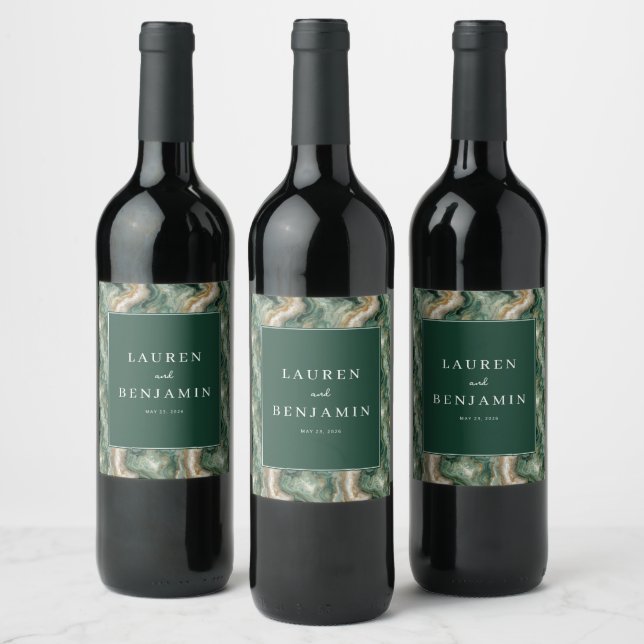 Elegant Green Marble Wedding Wine Labels (Bottles)