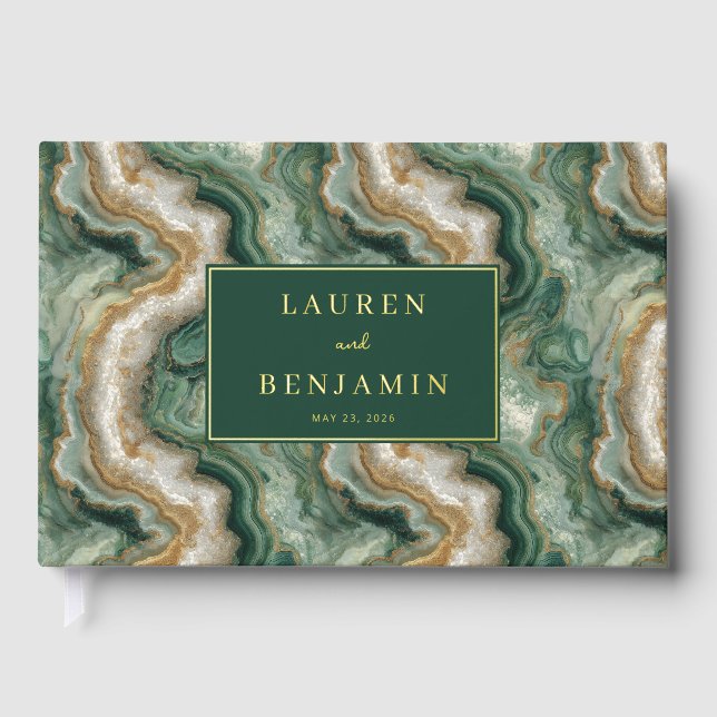 Elegant Green Marbled Waves Foil Guest Book (Front)
