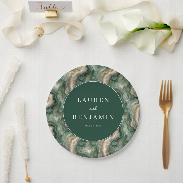 Elegant Green Marbled Waves Paper Plates (Wedding)