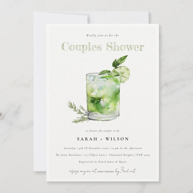 Elegant Green Margarita Cocktail Couples Shower Invitation (Front)