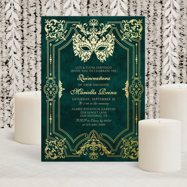 Elegant Green Masquerade Mask Quinceanera Foil Invitation (Creator Uploaded)