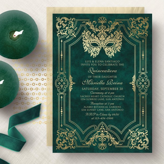 Elegant Green Masquerade Mask Quinceanera Invitation (Creator Uploaded)