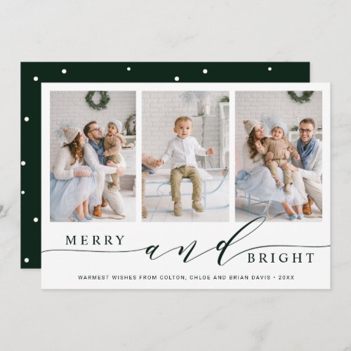Elegant Green Merry  Bright 3 Photo Holiday Card