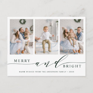 Elegant Green Merry & Bright 3 Photo Holiday Postcard