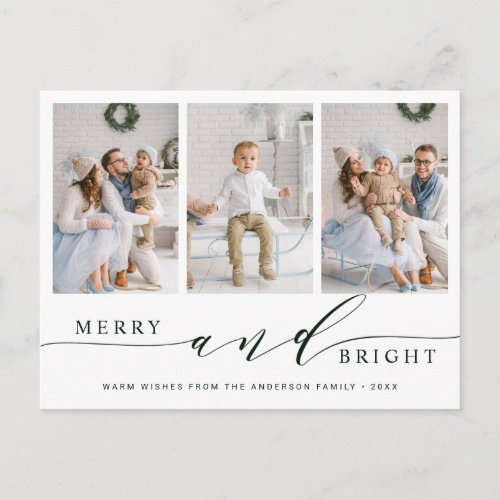 Elegant Green Merry  Bright 3 Photo Holiday Postcard