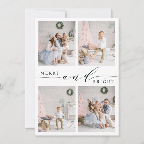 Elegant Green Merry  Bright 4 Photo Collage Holiday Card