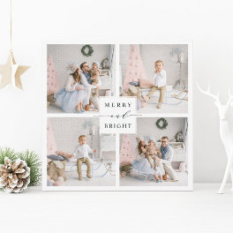 Elegant Green Merry & Bright 4 Photo Holiday Card