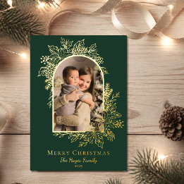 Elegant Green Merry Christmas Arch Photo Foil Holiday Card
