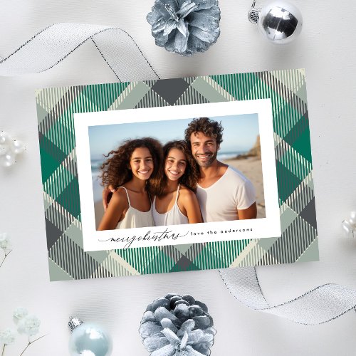 Elegant Green Merry Christmas Custom Plaid Photo Holiday Card