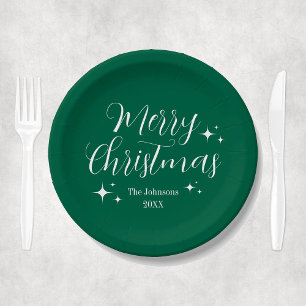 Elegant Green Merry Christmas Party Paper Plates