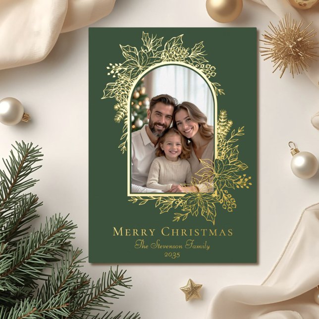 Elegant Green Merry Christmas Photo  Foil Holiday Card (Creator Uploaded)