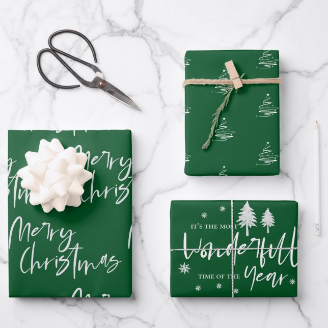 Elegant Green Merry Christmas Quote Gift Wrapping Paper Sheets (Front)