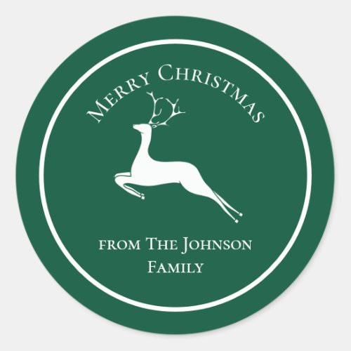 Elegant Green Merry Christmas Reindeer Custom Gift Classic Round Sticker