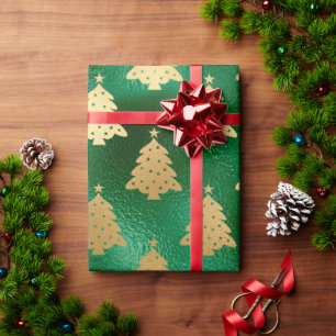 Elegant Green Metallic Gold Trees Holiday Wrapping Paper
