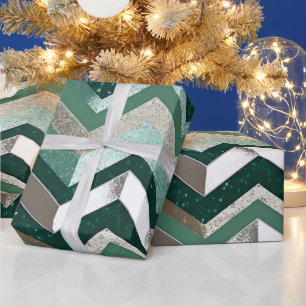 Elegant Green Metallic Silver Chevron Pattern Wrapping Paper