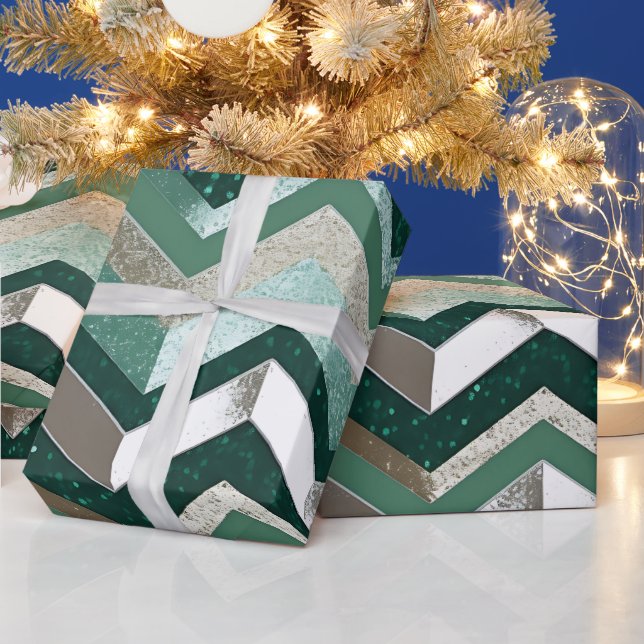 Elegant Green Metallic Silver Chevron Pattern Wrapping Paper (Holidays)