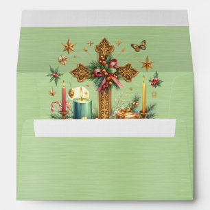 Elegant Green Metallic With Gold Cross Candles Envelope