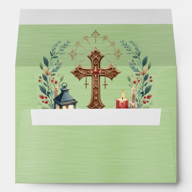 Elegant Green Metallic With Gold Cross Candles Envelope (Back (Bottom))
