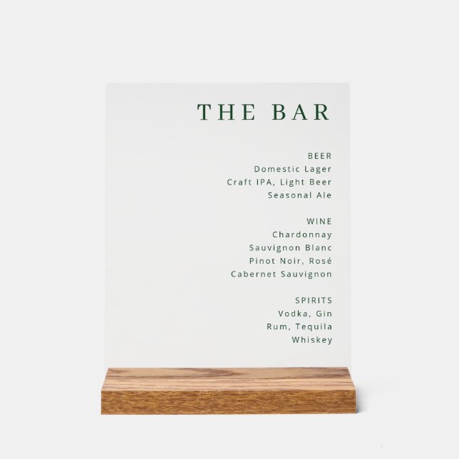 Elegant Green Minimalist Bar Menu Acrylic Sign (Front)