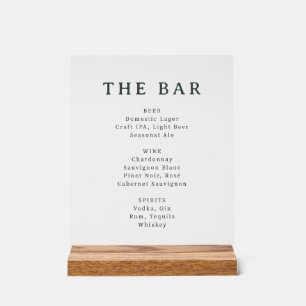 Elegant Green Minimalist Bar Menu Acrylic Sign