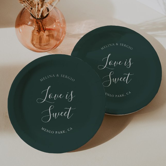Elegant Green Minimalist Calligraphy Wedding  Paper Plates (Creator Uploaded)