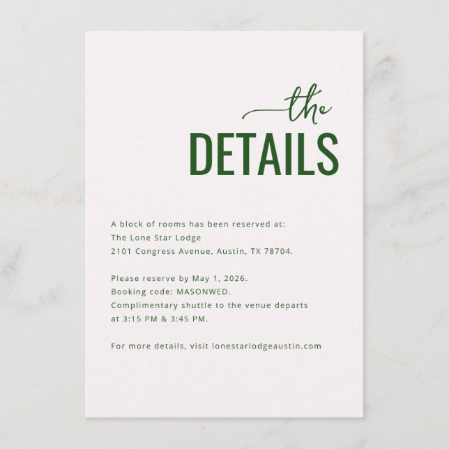 Elegant Green Minimalist Details Enclosure Card (Front)