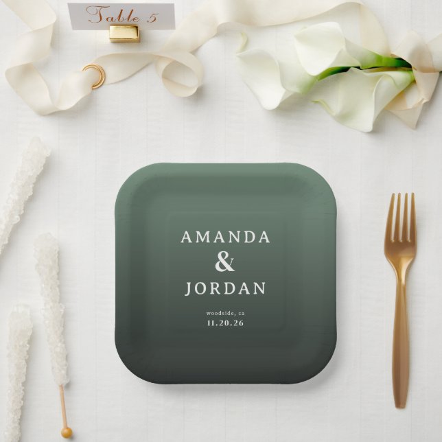 Elegant Green Minimalist Paper Plates (Wedding)