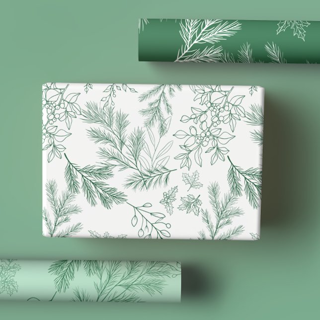 Elegant Green Monochrome Rustic Winter Botanicals Wrapping Paper Sheets (Creator Uploaded)