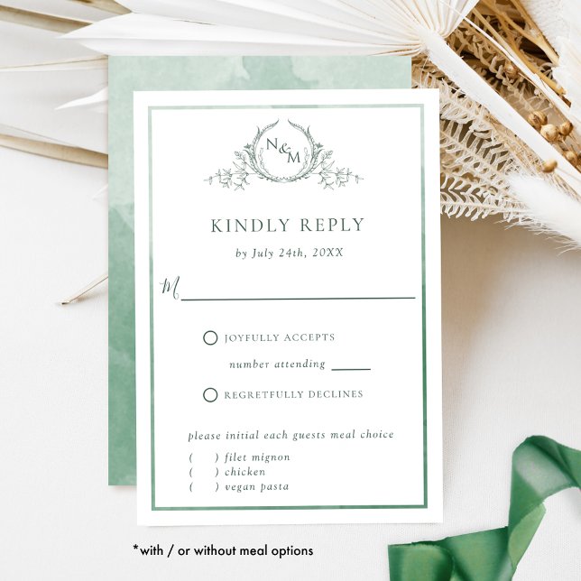Elegant Green Monogram and Watercolor RSVP Card (Creator Uploaded)