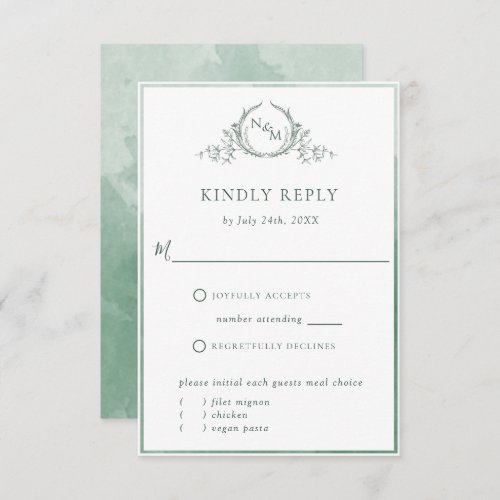 Elegant Green Monogram and Watercolor RSVP Card