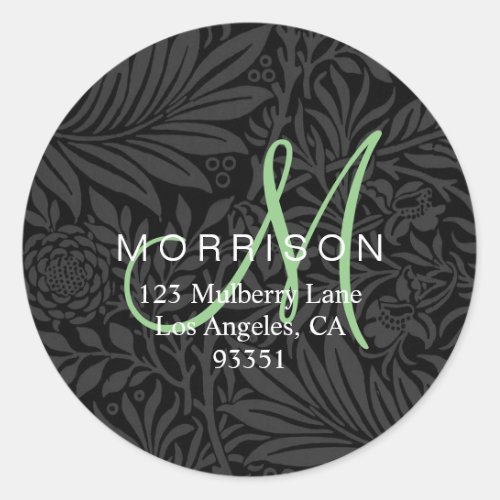 Elegant Green Monogram Black Floral Return Address Classic Round Sticker