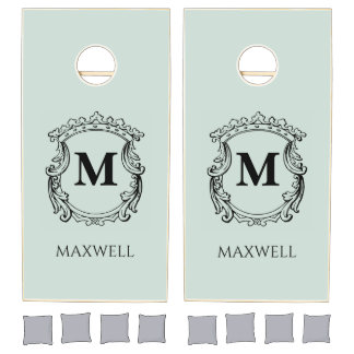 Elegant Green Monogram Crest Cornhole Set