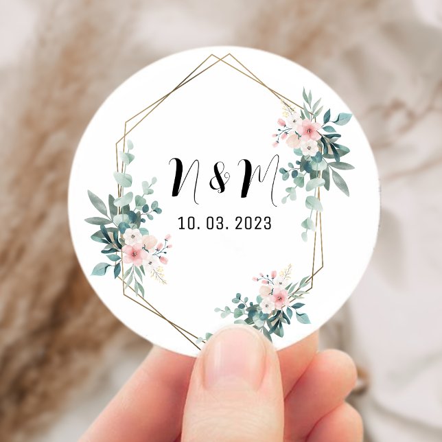 Elegant Green Monogram Eucalyptus Wedding Classic Round Sticker (Elegant Green Monogram Eucalyptus Wedding Classic Round Sticker)