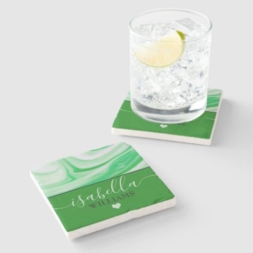 Elegant Green Monogram Geode Marble  Stone Coaster