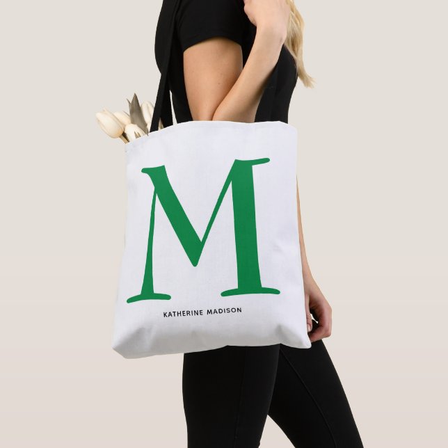 Elegant Green Monogram Name Tote Bag (Close Up)