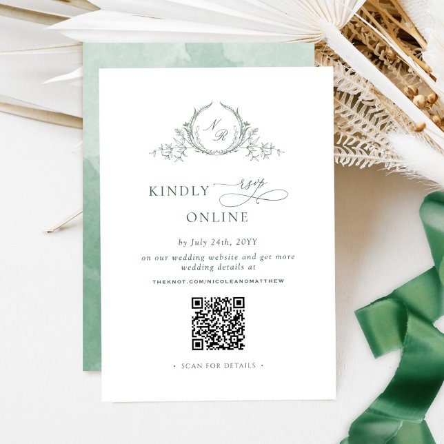Elegant Green Monogram RSVP Online QR Code  Enclosure Card (Creator Uploaded)