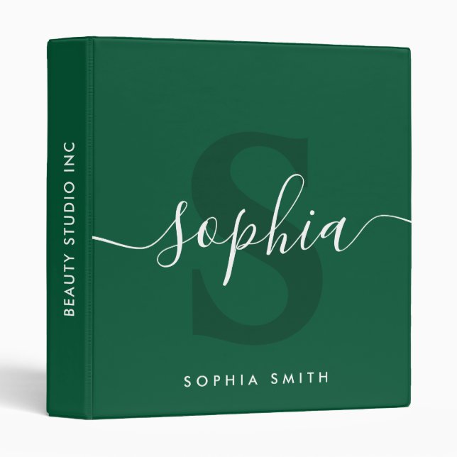 Elegant Green Monogram Script Name Initials  3 Ring Binder (Front/Spine)