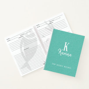 Elegant green monogram script name recipe notebook