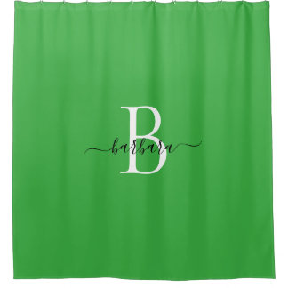 Elegant Green Monogram Script Name Shower Curtain
